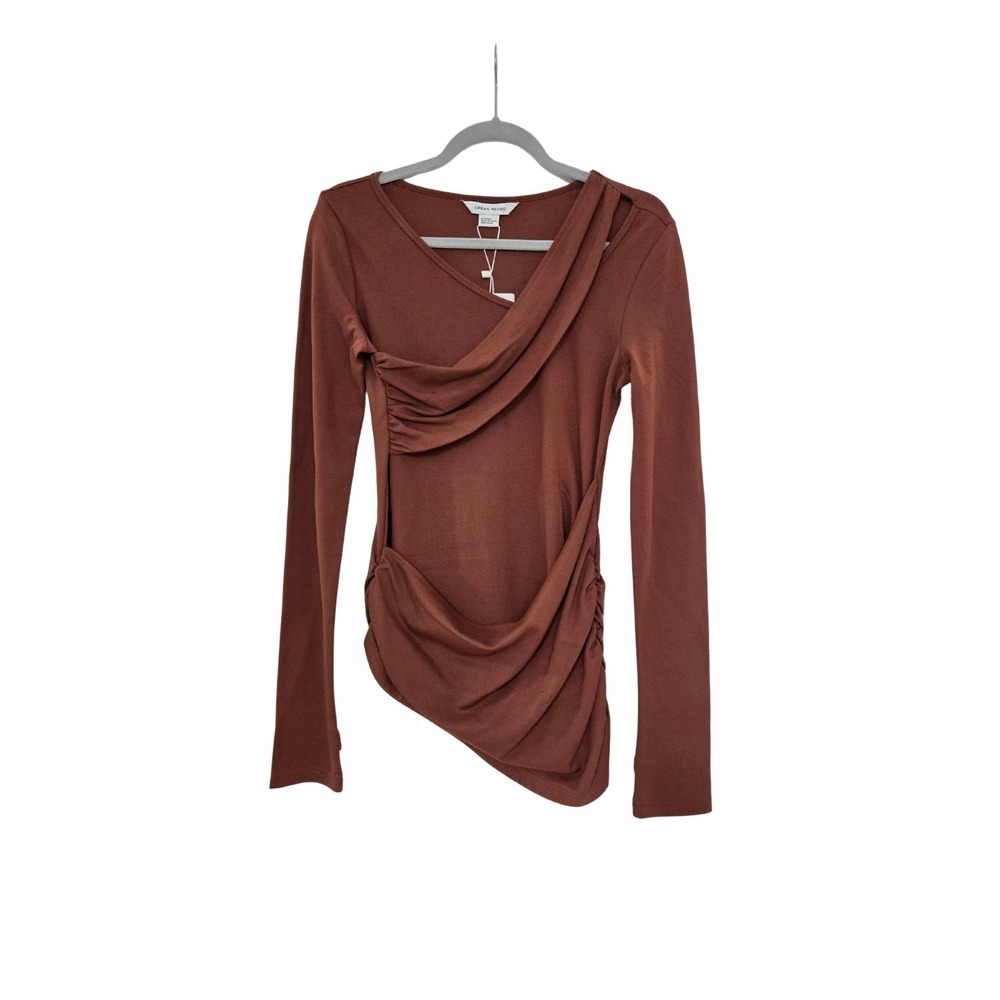 Urban Revivo Women's Ruched Asymmetric Long Sleeve Top Brown Size 6 NWT